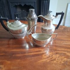 Collection antique silver plate tea set and cocktail shaker