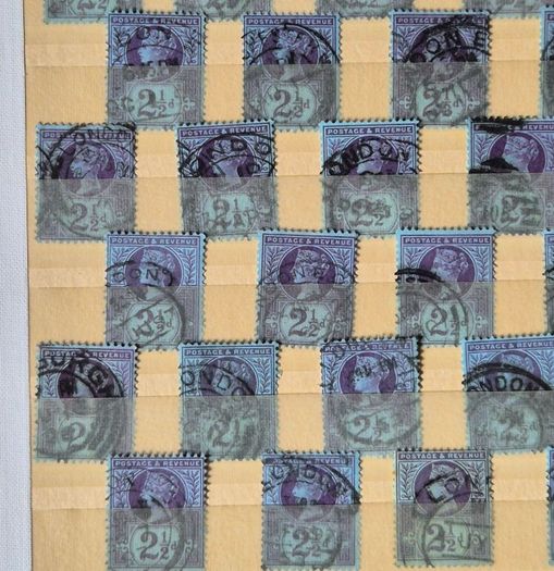 Great Britain Queen Victoria 1887. Jubilee Issue Bulk Study Lot. 72 Used Stamps on Stock Pages, 1/2d Vermilion and 2 1/2d Purple, Blue.