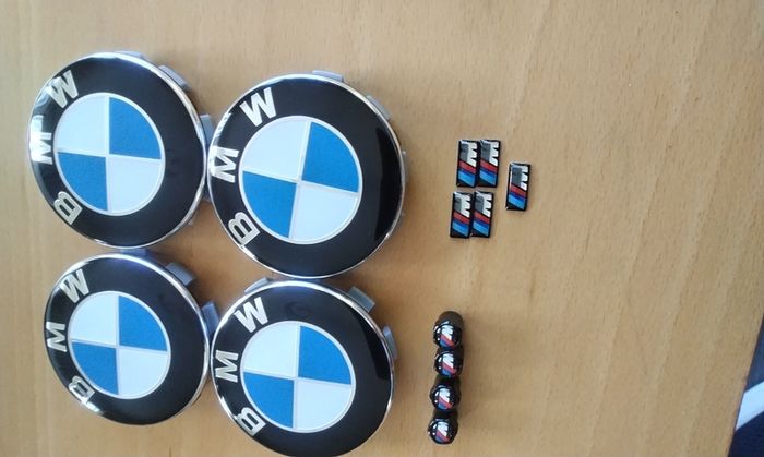 Brand New BMW Alloy Wheel Centre Caps 68mm x4 + Msports Wheel Sticker's x5 + Msports Metal Dust Caps x4