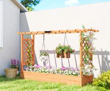 Raised Planter with Trellis, Wooden Raised Bed for Garden with Hanging Roof and Drainage Holes, Outdoor Planter Box