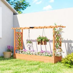 Raised Planter with Trellis, Wooden Raised Bed for Garden with Hanging Roof and Drainage Holes, Outdoor Planter Box