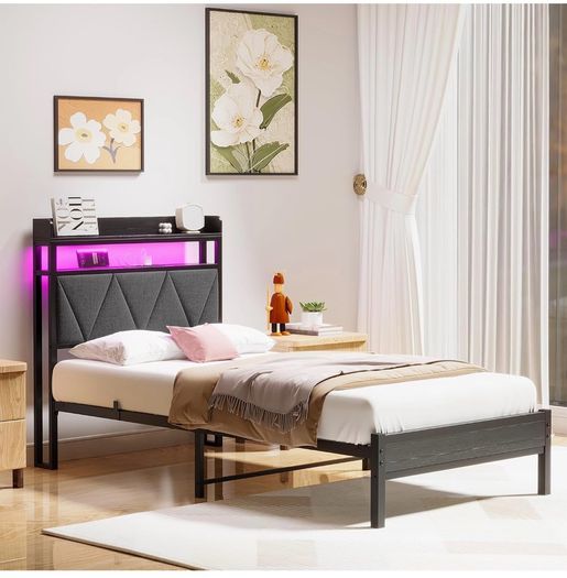 Single Bed Frame with 3ft Upholstered Wooden Storage Headboard, Grey Single Bed Frame with LED Lights & USB Charging, 90x190cm Two-shelf Storage Headboard, Heavy Duty Slats for Small Bedrooms
