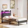 Single Bed Frame with 3ft Upholstered Wooden Storage Headboard, Grey Single Bed Frame with LED Lights & USB Charging, 90x190cm Two-shelf Storage Headboard, Heavy Duty Slats for Small Bedrooms Image 3