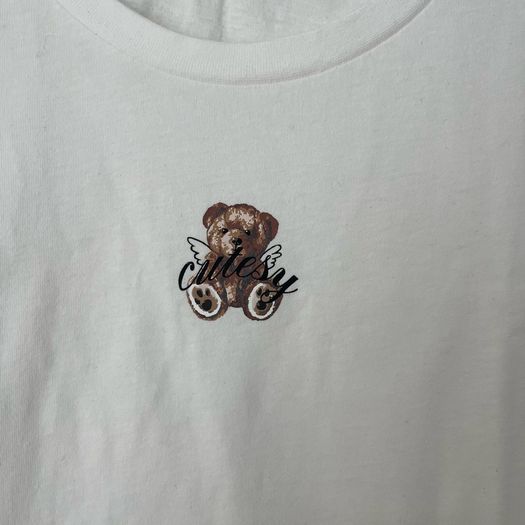 White Cropped Teddy Bear Graphic T-Shirt - Size S