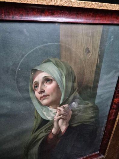 Vintage 1934 large print Mater Dolorosa glass wood framed