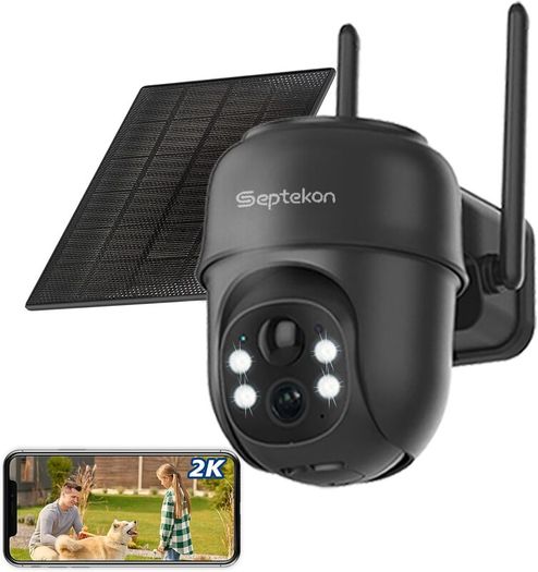 Security Cameras Wireless Outdoor, 360 PTZ Battery Powered Outdoor Camera, 2.4G WiFi Camera with Spotlight Color Night Vision, Motion Sensor Alarm, IP66-Bla