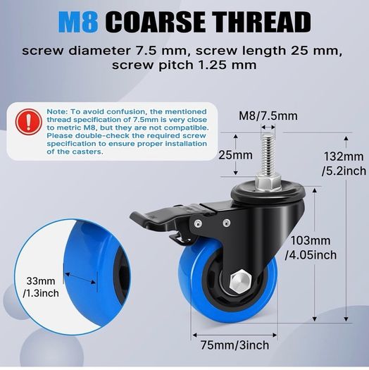 75 mm Castor Wheel, M8 x 1.25 x 25 mm (Shaft Diameter 7.5 mm, Shaft Length 25 mm), Load Capacity 1100LB, Blue Polyurethane Caster Wheel for Furniture, Barbecues, Trolley, Transport,Set of 4