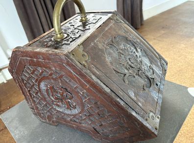 vintage embossed wooden coal box