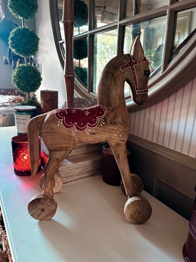 New vintage inspired 45cm high hand carved horse on wheels with washed wood finish