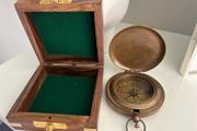 Solid Brass Push Button Compass Antique 3 Inch Nautical With Wooden Box