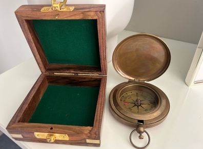 Solid Brass Push Button Compass Antique 3 Inch Nautical With Wooden Box