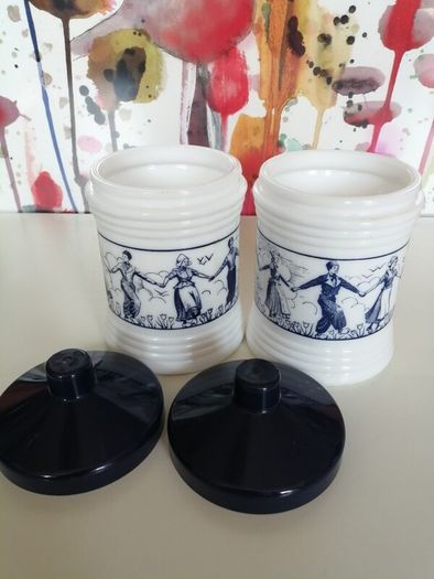 Dutch Opaque White Glass Jars x 2