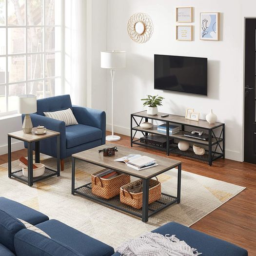 TV Cabinet, TV Table, Lowboard for TVs up to 60 inches, TV Cabinet with Shelves, Steel Frame, TV Shelf for Living Room, Bedroom, Greige-Black