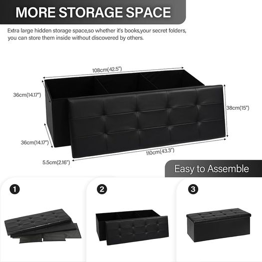 End of Bed Storage Bench,Folding Ottoman Seat Rest,Large Toy Chest Box Faux Leather Footstool for Living Room,Black,110x38x38cm