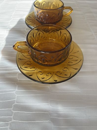 Vintage Indiana Glass Tiara Sandwich Amber Cup & Saucer Set (2 Pairs)