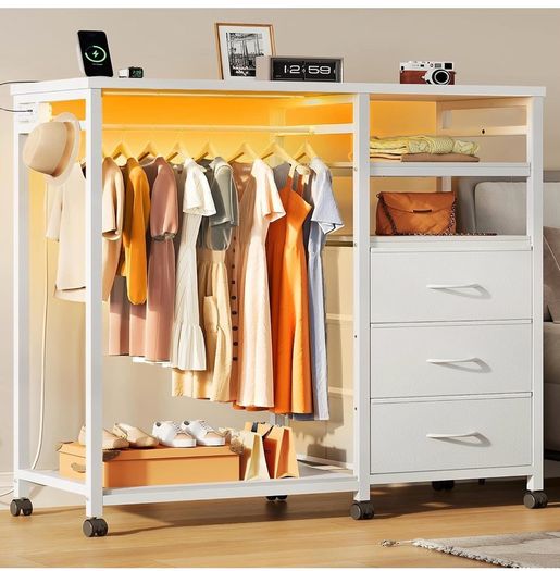 White Chest of Drawers with LED & Charger, Fabric Open Wardrobe 3 Large Drawers & Reversible Coat Hanging Rod &3 Open Shelves & Side Hooks, Lockable Wheels, Height-adjustable Base Shelf