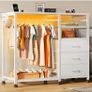 White Chest of Drawers with LED & Charger, Fabric Open Wardrobe 3 Large Drawers & Reversible Coat Hanging Rod &3 Open Shelves & Side Hooks, Lockable Wheels, Height-adjustable Base Shelf Image 10