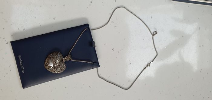 Antique sterling silver jewelled heart pendant mounted on mother of pearl base necklace Rrp 250