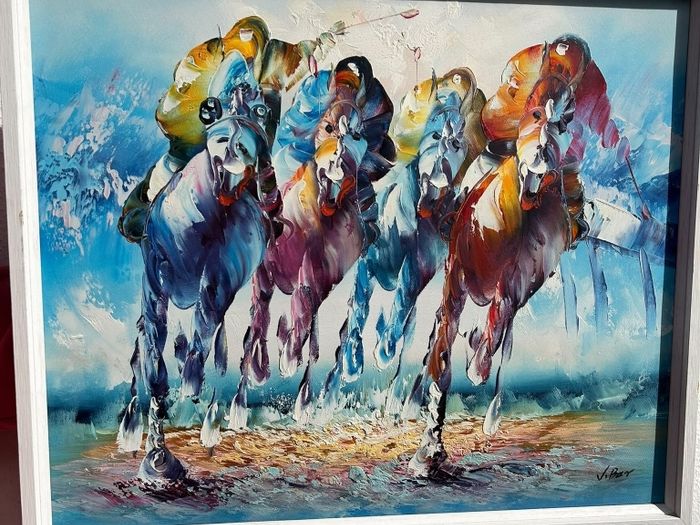 Large Horse Racing Painting - 4 Galloping Horses Colourful - Framed 80x60cm