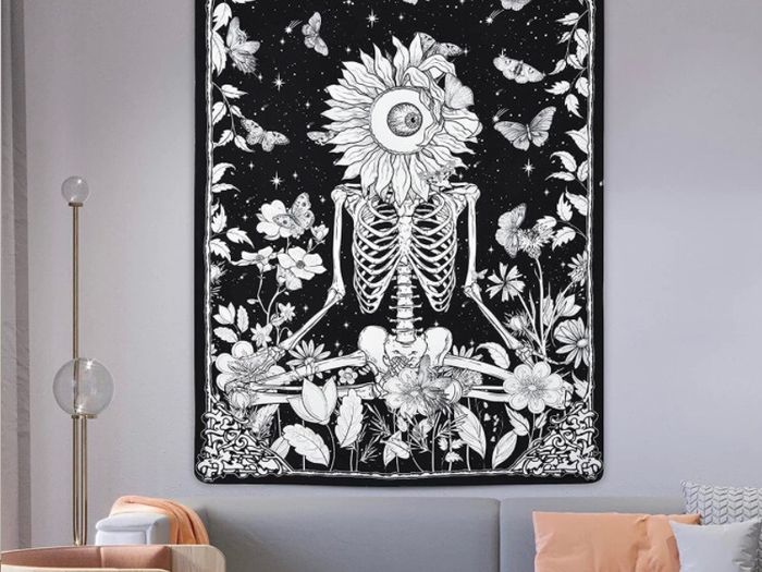 Skull Flower Tapestry Meditation Skeleton Tapestries Floral Vine Starry Night Sky Butterflies Tarot Wall Hanging for Room Decor (MULTIPLE SIZES)