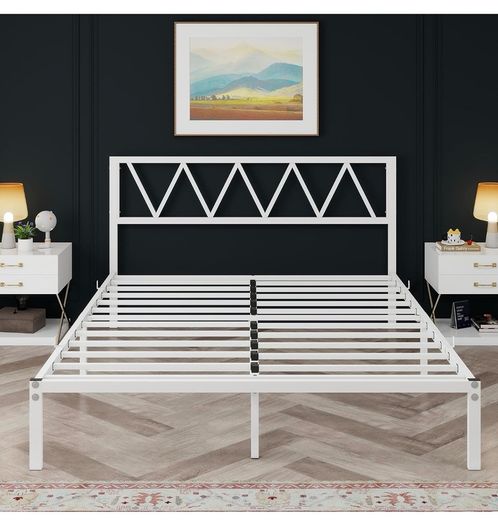 King Size Bed Frame with Headboard, Heavy Duty Metal Under Bed Storage, No Box Spring Needed, Easy Assembly, White