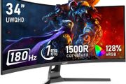 34 Inch Ultrawide Curved 180Hz Gaming Computer Monitor1500R PC Screen 21:9 UWQHD (3440x440) 128% sRGB,Adaptive Sync,178 Viewing Angle,HDMI Display Port,Compatible with Wall mounting-