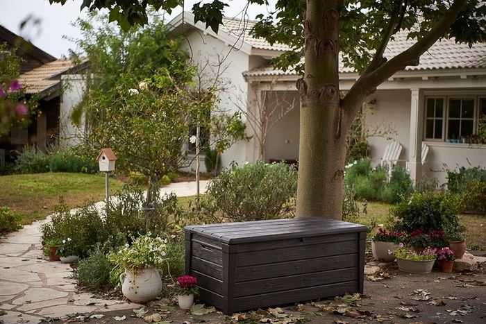 Brightwood 454L Outdoor 60% recycled Garden Furniture Storage Box Brown Wood Panel Effect Fade Free All Weather Resistant Safe and Secure Zero