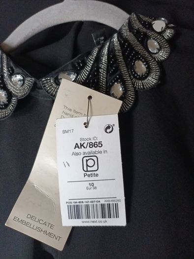 Next Petite Black Dress With  Stone  & Beading  Neckline. S.10.  B.N.W.T