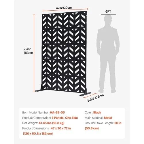 Metal Privacy Screen, 47" W x 72" H, Outdoor Privacy Screens 5-Panel, Freestanding Outdoor Divider with Stand, Decorative Garden Steel Privacy Fence for Balcony Patio Indoor Room Black