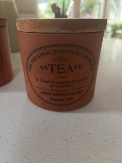 RESERVED- Vintage Henry Watson The Original Suffolk Canister Sugar and Tea Terracotta Storage Jars with wooden pull off lid
