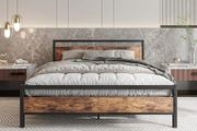 King Size Bed Frame with Wooden Headboard,Metal Platform Bed Frame King Size Mattress Base,Metal Slat Support and Underbed Storage Space,Solid Bed Frame Double Bed,Black