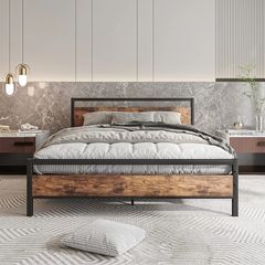 King Size Bed Frame with Wooden Headboard,Metal Platform Bed Frame King Size Mattress Base,Metal Slat Support and Underbed Storage Space,Solid Bed Frame Double Bed,Black