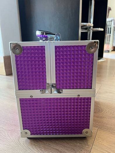 Vanity Box Cosmetics Case Makeup Organiser Box Beauty Cosmetic Make Up Storage Case 4 Trays Lockable with Keys, Purple