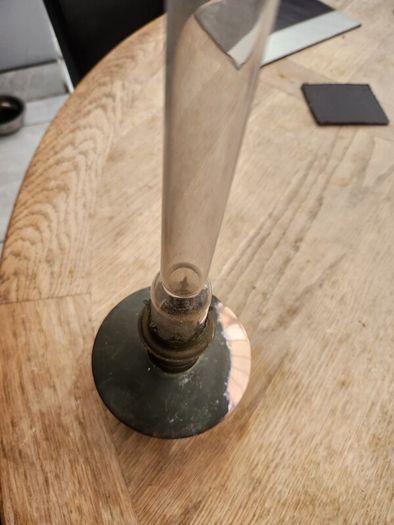 Victorian copper lamp on bun feet with chimney