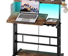 Standing Desk with Power Outlets & Strip Lights, Height Adjustable