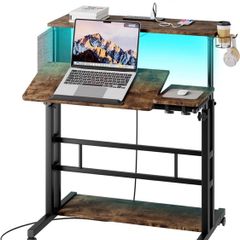 Standing Desk with Power Outlets & Strip Lights, Height Adjustable