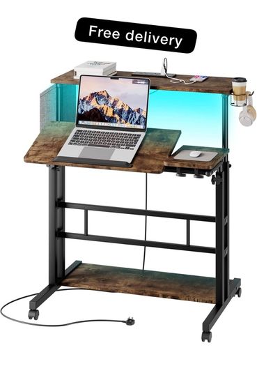 Standing Desk with Power Outlets & Strip Lights, Height Adjustable