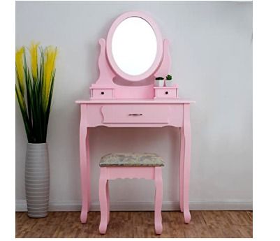 Bedroom Furniture Pink Dressing Table 3-Drawer Makeup Dresser Set with Stool Oval Mirror