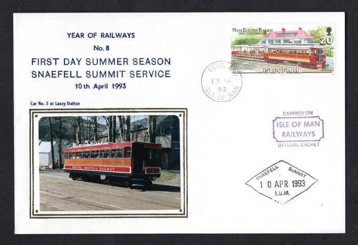 1993 Isle of Man Cover showing Year of Railways No  First Day Summer Season Snaefell Summit Service tying 20p No 1 Motor Car and No. 13 Trailer at Groudle Glen Hotel commemorative stamp