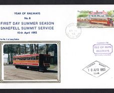 1993 Isle of Man Cover showing Year of Railways No  First Day Summer Season Snaefell Summit Service tying 20p No 1 Motor Car and No. 13 Trailer at Groudle Glen Hotel commemorative stamp