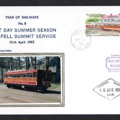 1993 Isle of Man Cover showing Year of Railways No  First Day Summer Season Snaefell Summit Service tying 20p No 1 Motor Car and No. 13 Trailer at Groudle Glen Hotel commemorative stamp