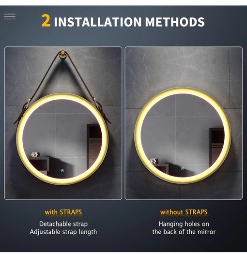 Round Bathroom Mirror with Lights Gold Frame Leather Strap Illuminated Bathroom LED Mirror