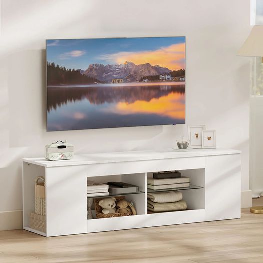 140 cm TV stand, TV dresser, 6 compartments, 2 glass shelves, chipboard, white