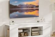 140 cm TV stand, TV dresser, 6 compartments, 2 glass shelves, chipboard, white