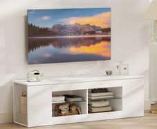 140 cm TV stand, TV dresser, 6 compartments, 2 glass shelves, chipboard, white