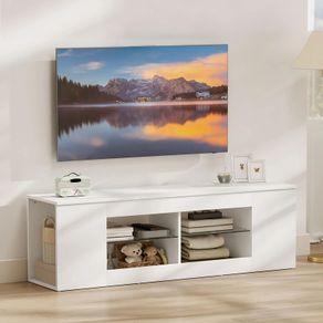 140 cm TV stand, TV dresser, 6 compartments, 2 glass shelves, chipboard, white