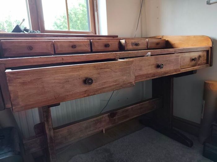 Large Vintage Solid Wood Pine Desk with Multiple Drawers