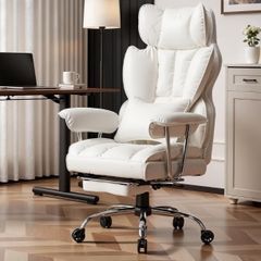 Big and Tall PU Leather Ergonomic Office Chair, 200KG Adjustable High Back Computer Chair,Executive Swivel Chair with Footrest and Lumbar Support, White