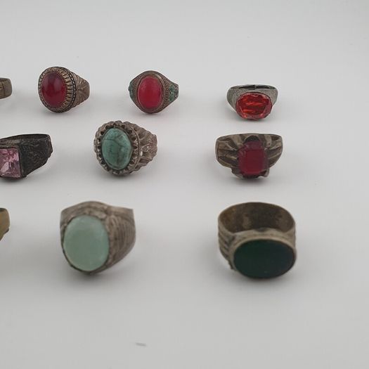 Lot of 15 Antique Tribal Style Brass Rings Mixed Stone & Colourful Glass