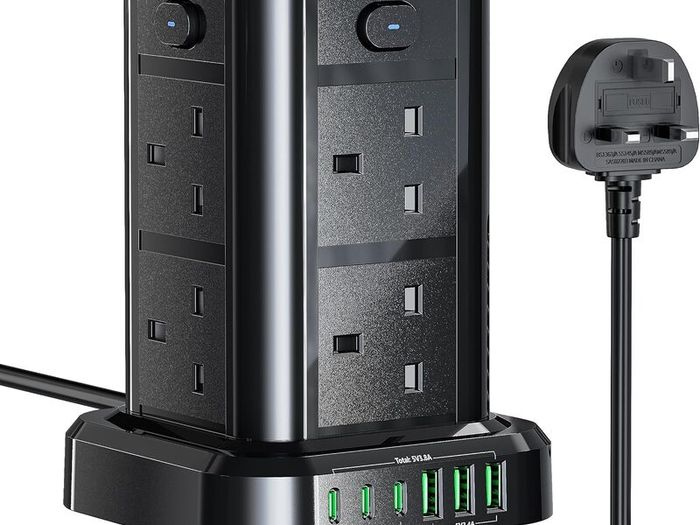 Tower Extension Lead with USB C Slots, 8 Way Multi Plug Extension Tower with 6 USB Ports, 13A 3250W Extension Cable with 4 Independent Control Switch, 1.8M Power Strip Tower for Home, Office, Kitchen